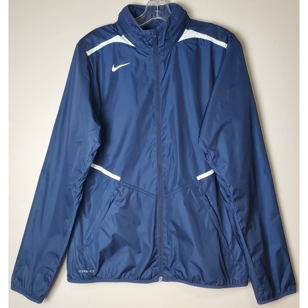 Nike Women's Storm Fit Windbreaker Jacket Navy Blue Large Full Zip Hooded Sporty